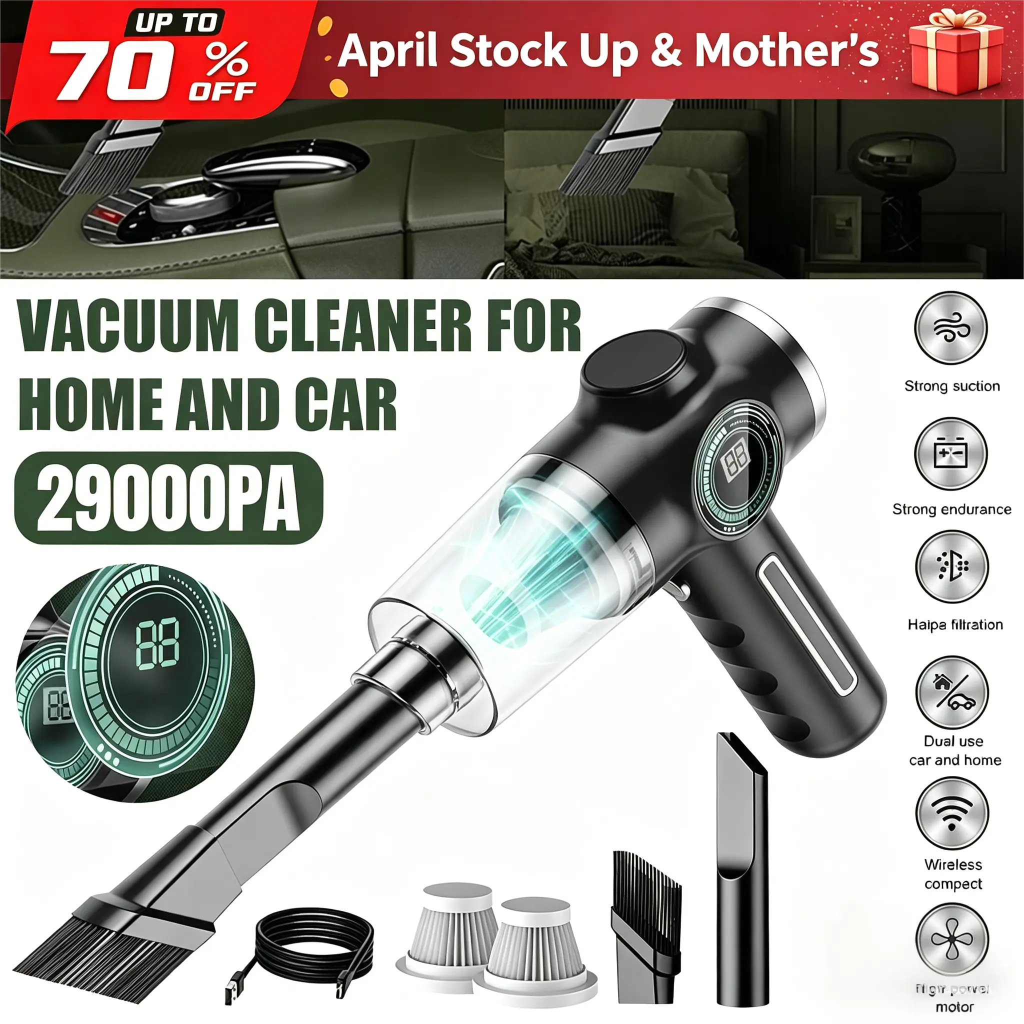 Cordless Rechargeable Compact Handheld Vacuum Cleaner - Quiet DC Motor Dirt Removal Vacuums with Dual Filters for Home Use, Elegant Black, Cordless Vacuums