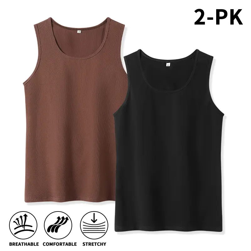 2-Pack Men Slim Fit Ribbed Muscle Tanks - Soft, stretchy, breathable sleeveless undershirts for workouts, basic tank tops High Elasticity Lifestyle Beater Set outdoor cycling