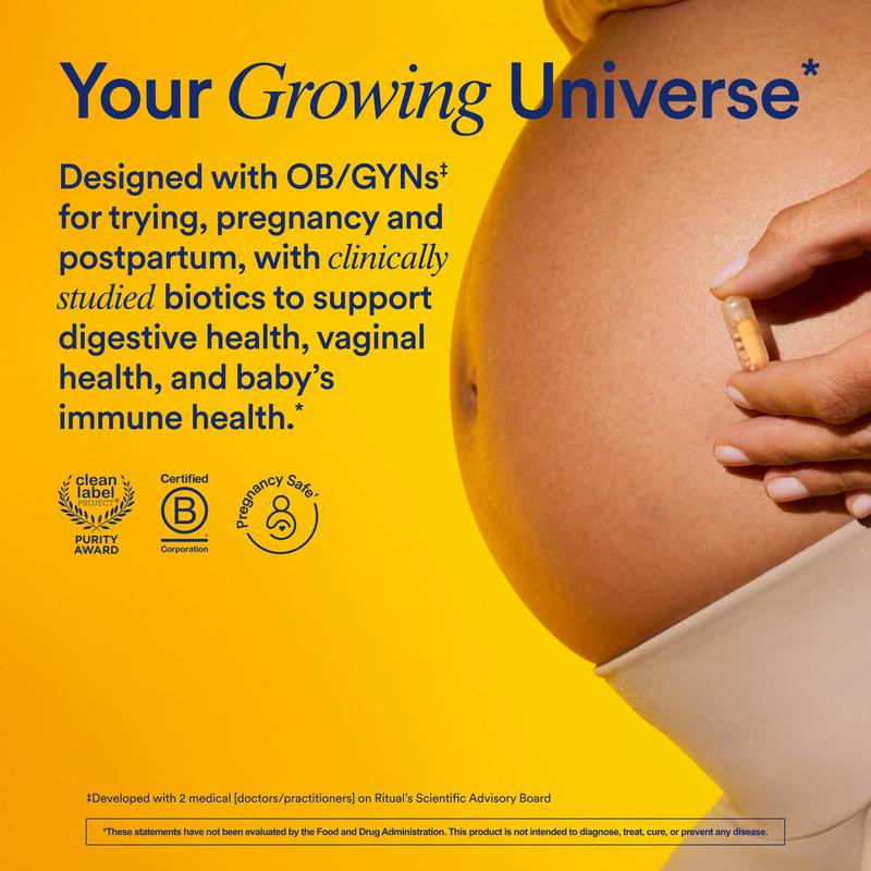 Ritual Natalbiotic™ Microbiome Support†* Biotics for Mom & Baby. Formulated to Support Digestive Health, Vaginal Health, and Baby’s Immune Health.* Designed with OB/GYNs‡. Non-GMO, Vegan, 30 Days.