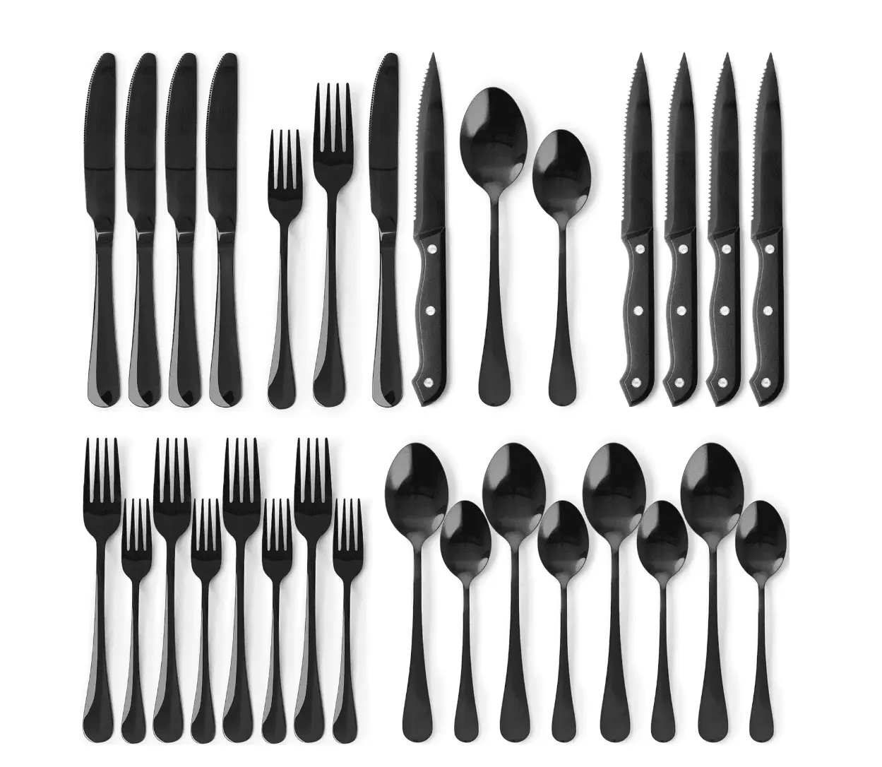25-Pieces Black Silverware Set with Steak Knives, Black Flatware Set for 4, Food-Grade Stainless Steel Tableware Cutlery Set, Eating Mirror Polished Utensil Set for Home Restaurant