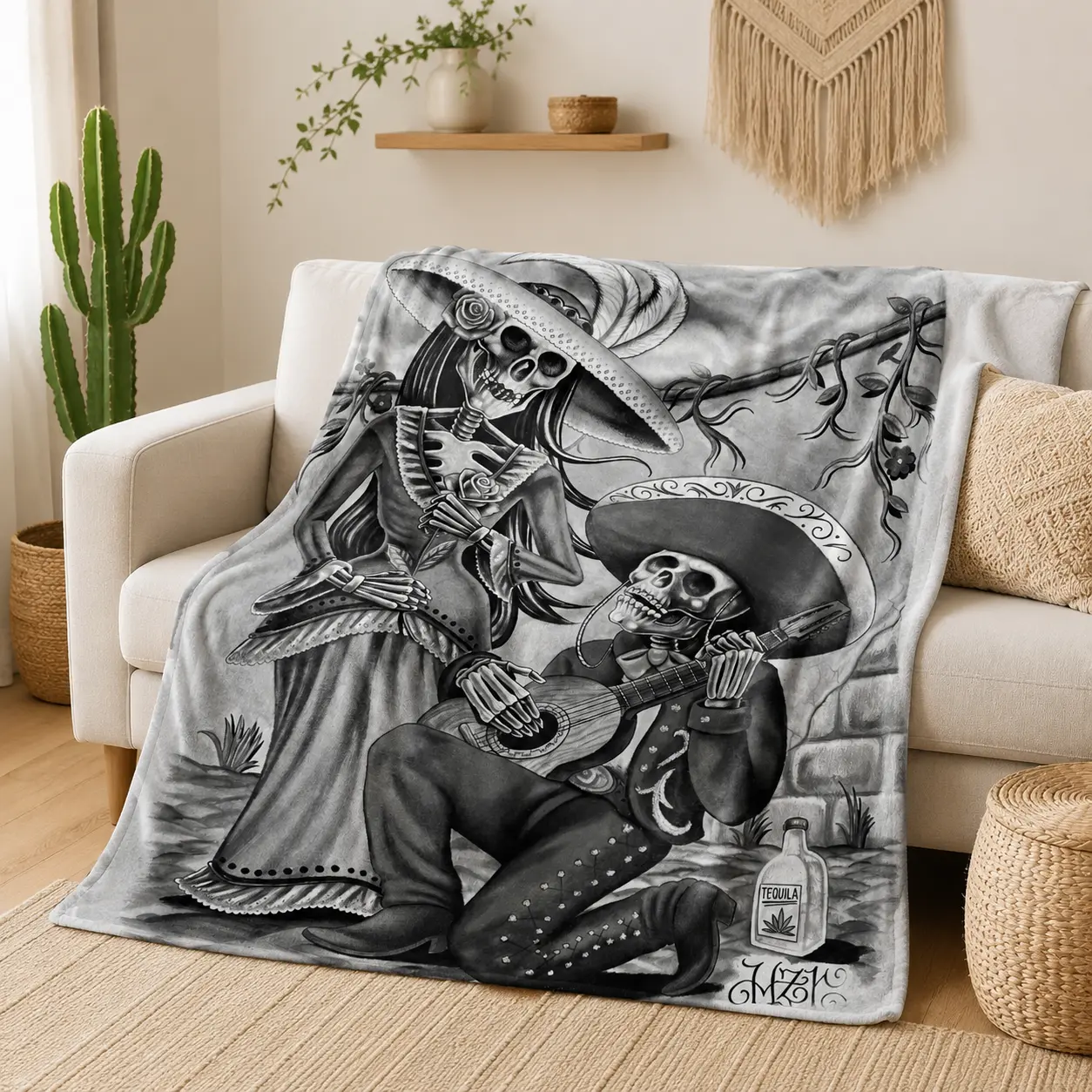 Day Of The Dead Mariachi Skeleton Sherpa Blanket Gothic Mexican Decor Soft Plush Warm Cozy Throw Blanket For Sofa Bedroom Living Room Travel Halloween Home Accent And Cultural Style Bedding
