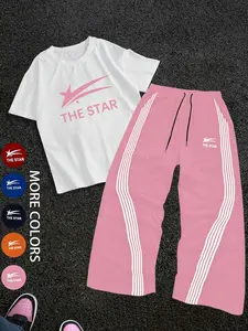 Two-Piece Set Men's Letter Print Short Sleeve Tee & Tracksuit Pants Set, Regular Fit Round Neck T-shirt & Jogger Pants, Casual Fashion Breathable Men Two-piece for Gym Workout Running