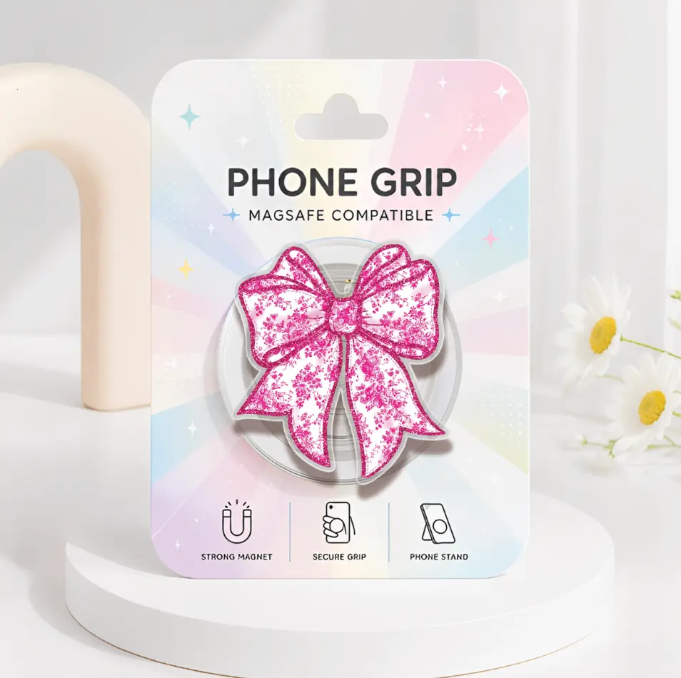 Pink Floral Bow MagSafe Phone Grip, Pink Girlie Bow Acrylic Phone Holder, Cute Toile Ribbon Phone Accessories, Girly Coquette Kindle Grip, Kawaii Gift For Her
