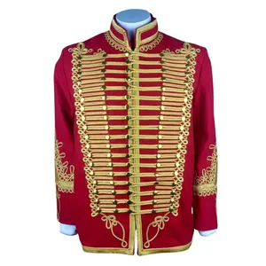 Men's Red Hussar Military Jacket with Gold Braid Costume for Reenactment & Cosplay Historical Uniform Classic Design with Stripe Detailing Premium Quality Fabric Comfortable Durable Fit Tailored for Sharp Regal Look