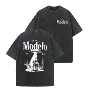 Modelo UFO Cowboy Graphic-Shirt – 230g Heavyweight Vintage Washed Cotton Retro Streetwear Tee With Cerveza Modelo Letter Print, UFO Western Cowboy Desert Scene Design, Y2K Oversized Casual Short Sleeve Men's Summer Fashion  Summervibes