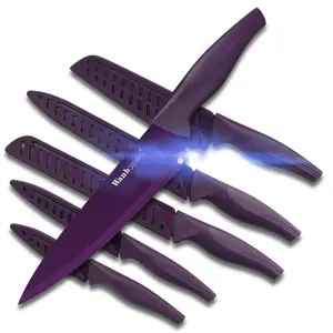 6PCS Matte Purple Sharp Kitchen Knives Set, Titanium Coated Blades Stainless Steel Knives Set with Covers for Cooking