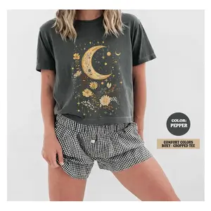 Comfort Colors Boxy Crop Tee Celestial Moon Graphic Shirt Mystic Spiritual Cropped Top Women Aesthetic Tee