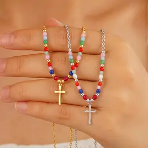 Summer Jewelry-Unique Colorful Cross Necklaces for Women, 14K Gold Plated Beaded Religious Necklace Teen Girls Gifts Trendy