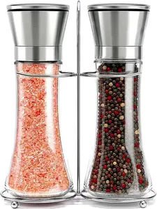 Salt & Pepper Grinder Set with Stand - Stainless Steel Manual Mills & Holder with Adjustable Coarseness, Refillable Design for Peppercorns & Rock Salt Sold Separately Kitchen Seasoning