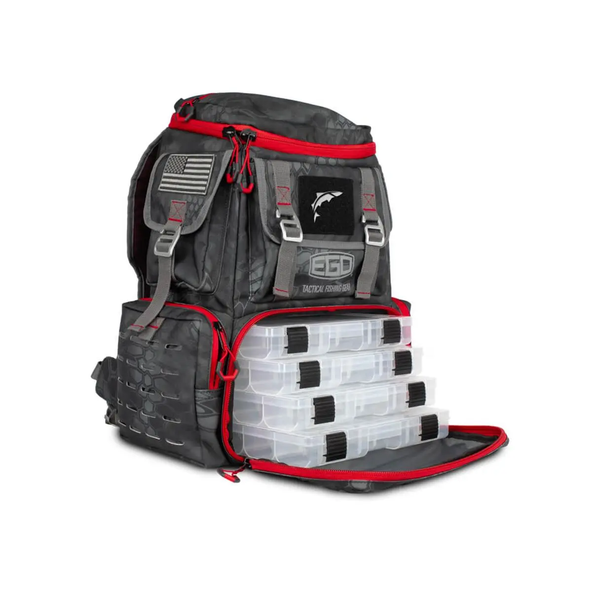 Adventure Products 75043 EGO Fishing Tackle Box Backpack - Red & Black, 17l x 11w x 19h in, Aggressive Look, Water Resistant Nylon PVC Tactical Accessories Bag, Camouflage, Laser-Cut Mole Loops, Multi-Compartment, Zip, Unisex, Four Tackle Trays