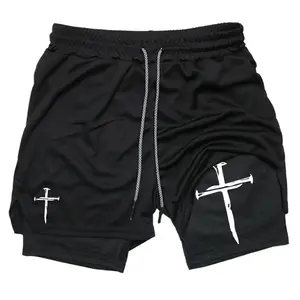 Men's Cross Print Drawstring Waist 2-in-1 Sports Shorts, Regular Fit Breathable Quick Drying Pocket Shorts, Summer Bottoms for Gym Workout Running