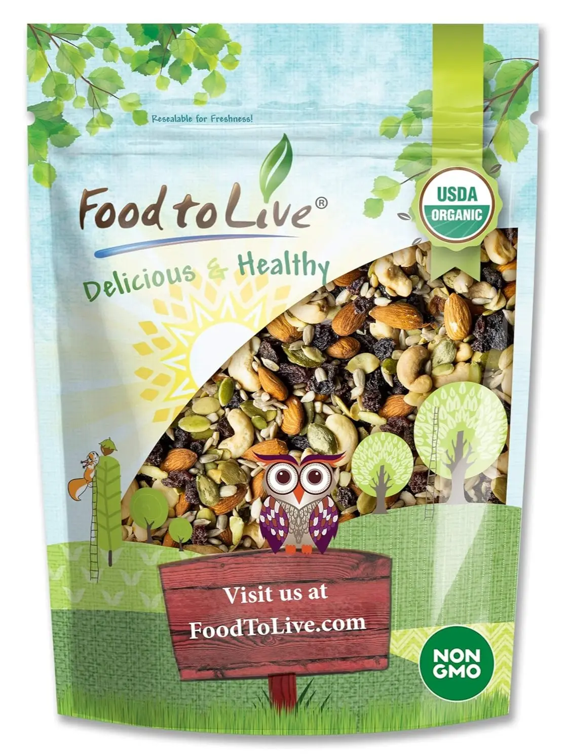 Food to Live Organic Raw Trail Mix, 8 oz, Non-GMO Nuts, Seeds & Raisins with Almonds, Cashews, Pumpkin & Sunflower Seeds, Vegan Snack, No Added Sugar or Oil