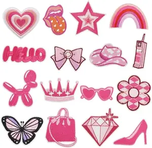 16Pcs Hot Pink Iron On Sew On Patches, Girl Princess Heat Transfer Iron Cute Patches Lip Embroidered Patches for DIY Crafts Clothes Jeans Decor