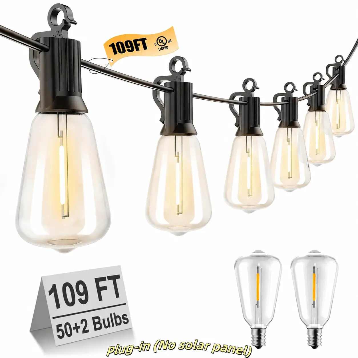 Brightown Outdoor String Lights with Shatterproof ST38 Dimmable Edison Bulbs, Waterproof, 2700K Warm Light, Remote Timer, 9FT Lead Wire