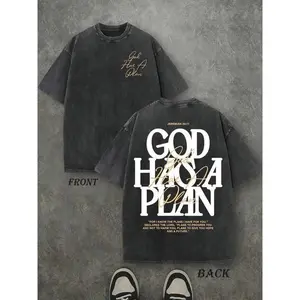 Retro Washed T-Shirt Double Sided Printed 230 Pure Cotton'GOD HAS A PLAN' Letter Print Men's Casual ComfortableFashionable Street Style Cotton Distressed FestiveMenswear Tops slightly cropped shirt men