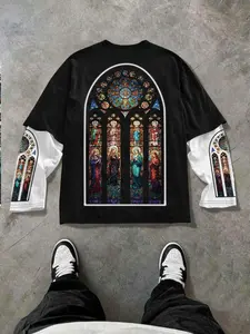 Unisex Gothic Saint Print Long Sleeve T-Shirt, Loose Fit Breathable Fabric, Front & Back Dual Prints, Casual Weekend Wear