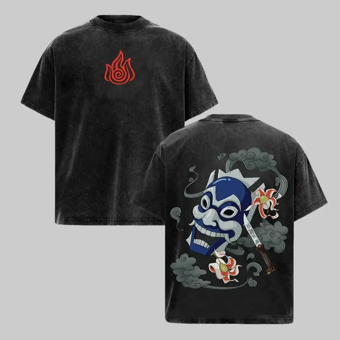 Vintage Zuko Blue Spirit Mask ATLA Avatar The Last Airbender Oversized Graphic Tee Heavyweight Acid Wash Cotton Double Printed T-Shirt Y2K Streetwear Fire Nation Gym Pump Cover Japanese Anime Aesthetic Grunge Outfits Merch Fan Gift Top Unisex