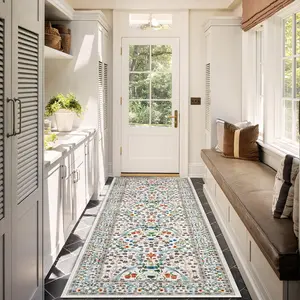 GARVEE Vintage Floral Runner Rug 2x6 Washable Runner Rug For Kitchen Stain Resistant Throw Carpet With Non-Slip Backing Low Pile Floor Cover For Kitchen Hallway Laundry Bedroom,Beige