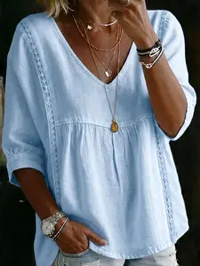 New Women's 2026 Casual Seven-Point Sleeve Lace V-Neck Pullover Multi-Color Tops Blouses