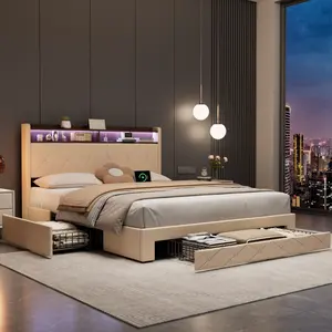 VECELO Storage Bed Frame LED Light, Tufted Headboard with Charging Station, Queen Full Size Wood Slat Platform  Bed with Storage Drawers, No Box Spring Needed,Easy Assembly