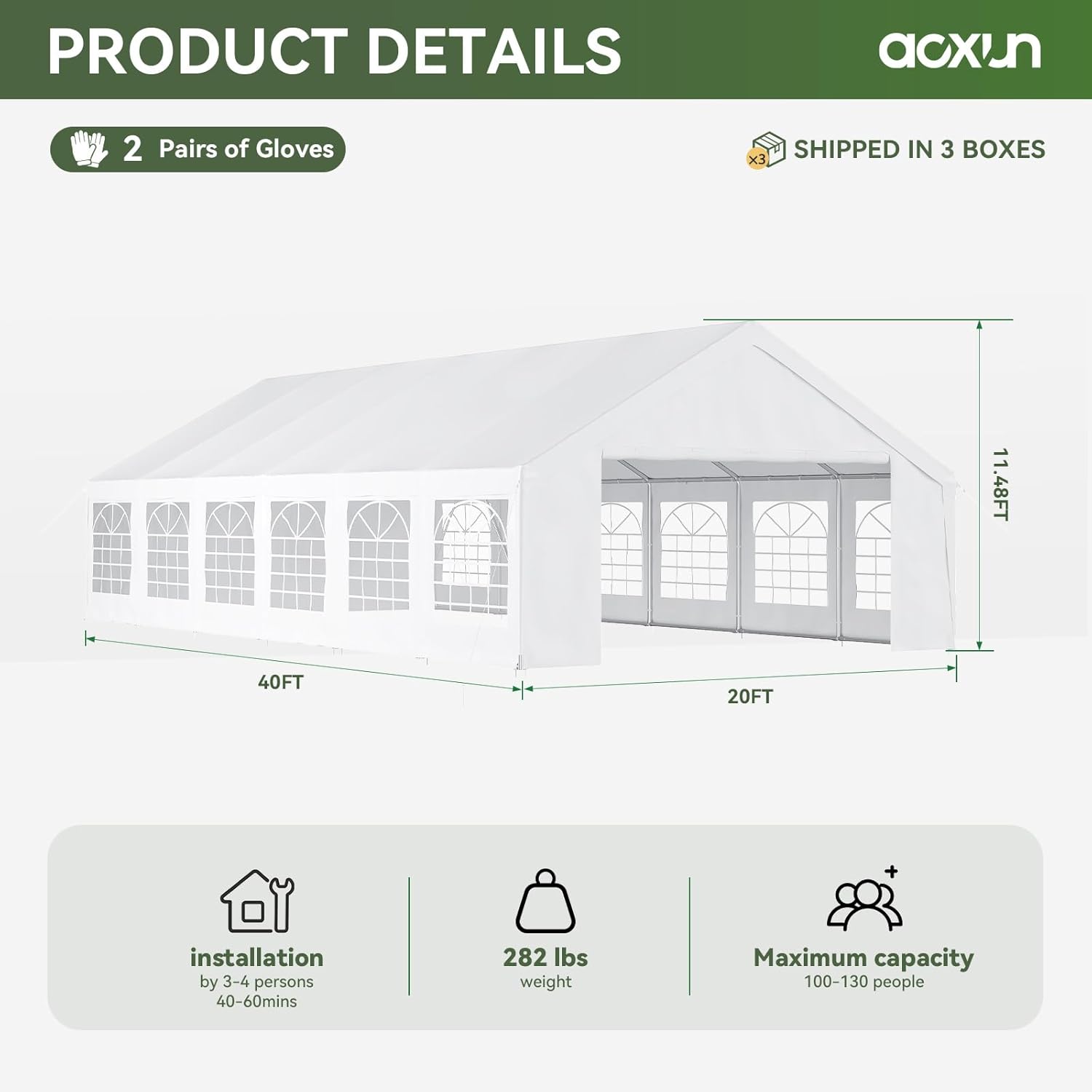 Aoxun Sturdy 20x40 Rectangular Foldable Outdoor Party Tent Canopy [Ships in 3 Packages] - Waterproof, Heavy-Duty Steel Frame, Removable Sidewalls, Easy-Access Roll-Up Door, Easy Setup for Large Groups, Birthday Parties, Camping, White