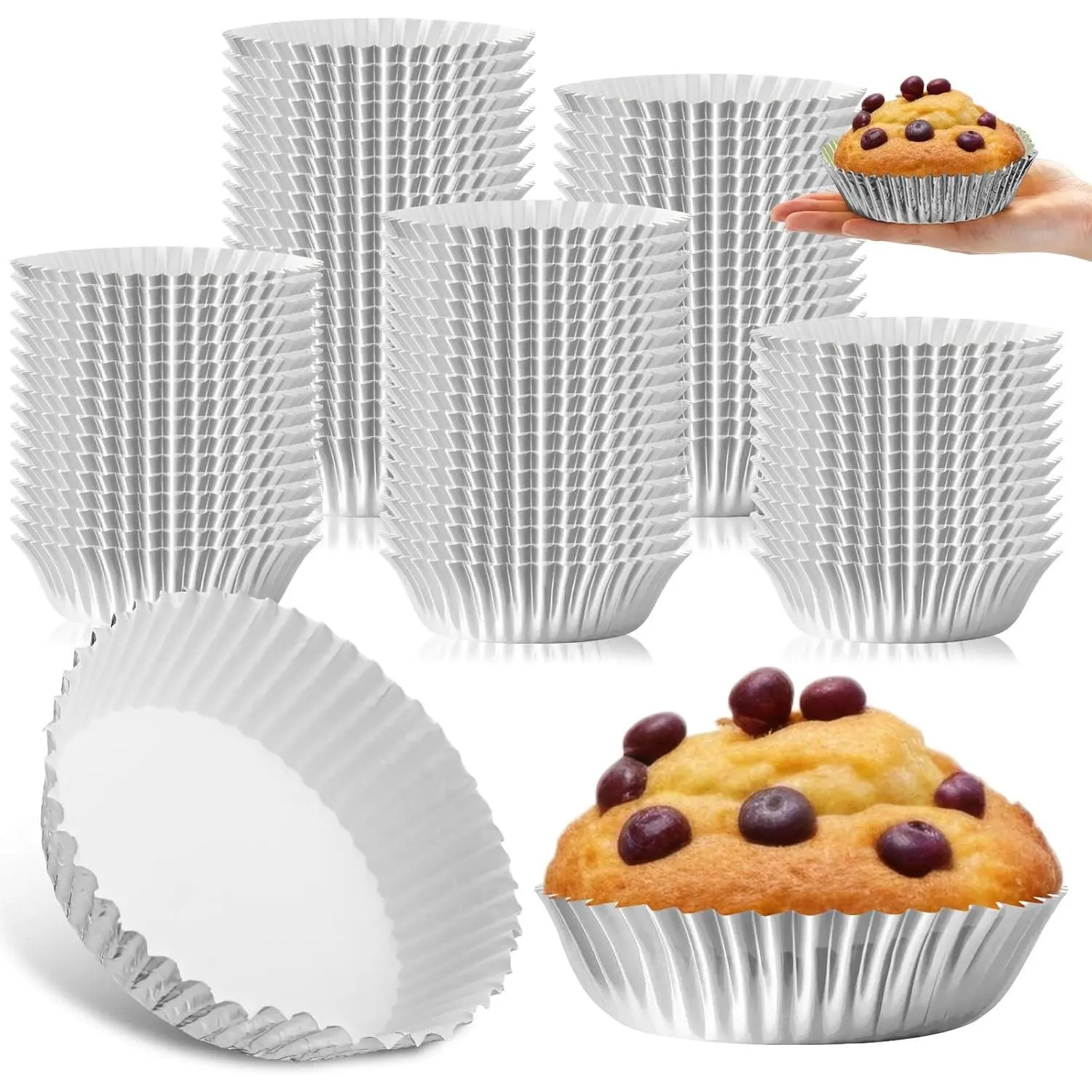 200 count  Cupcake Liners for Baking 3.5 Inch Baking Cups Large Aluminum Foil Cupcake Liners Disposable Muffin Cups for Wedding Graduation Christmas Party(Silver)