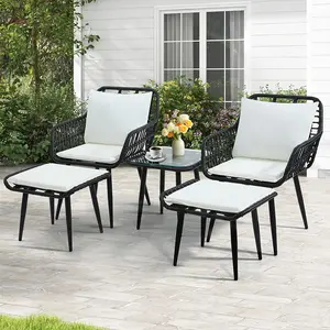 5 Piece Wicker Bistro Patio Conversation Furniture Set, Includes 2 Chairs, 2 Ottomans, and Side Table, Ideal for Porch, Balcony, Deck, Backyard, Black