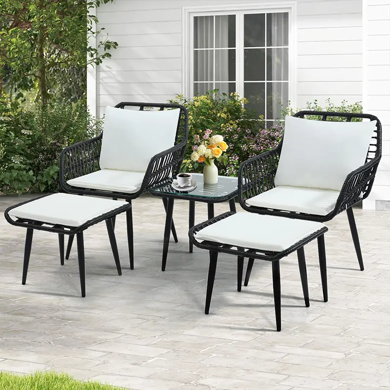 5 Piece Wicker Bistro Patio Conversation Furniture Set, Includes 2 Chairs, 2 Ottomans, and Side Table, Ideal for Porch, Balcony, Deck, Backyard, Black summergarden