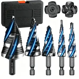 New Step Drill Bit with 5 PCS, Four Spiral Flute Step Bits for Metal, Heavy-Duty Multi-Material Drill Bits for Aluminum, Wood, Plastic & Metal