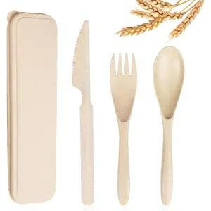Reusable Travel Utensils Set with Case, Beige Wheat Straw Portable Fork Spoons Tableware, Cutlery for and Adults as Travel Picnic Camping Utensils