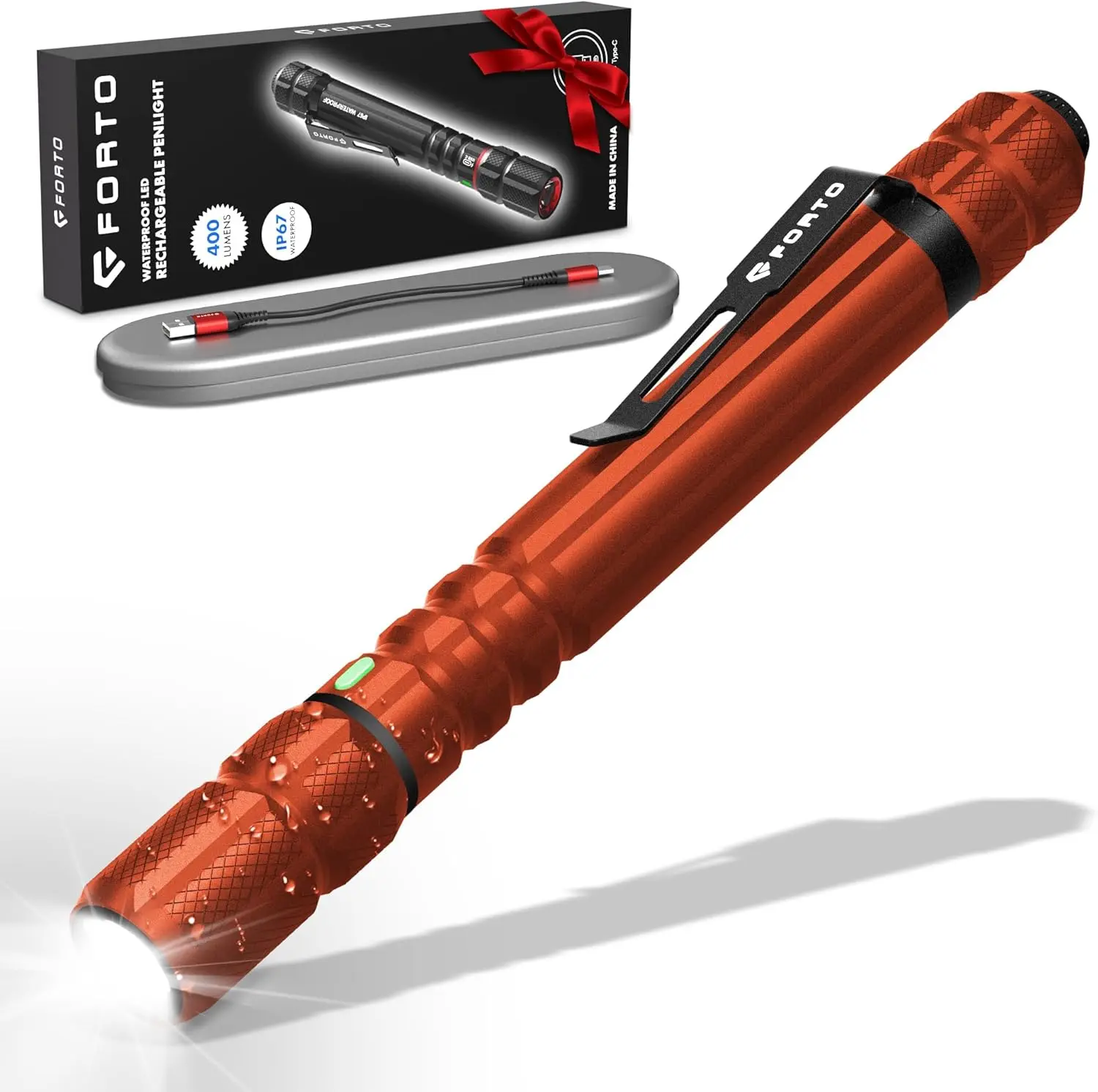 Compact LED Bright Mini Pen Light Flashlight, 400 Lumens Portable Rechargeable Pocket Torch with Clip, IP67 Waterproof, 2 Light Modes, 3-Color Battery Indicator, Type-C Charging, for Inspection, Emergency (Orange)