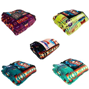 Southwest Tribal Native Indian Aztec Style Plush Fleece Flannel Cooling Throw Blanket - Reversible Geometric Design Queen Size Bed