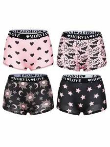 4-Pack Gothic Style Women's Underwear Set, Soft Comfortable Geometric Print, Elastic Waistband, All Seasons Wear, Soft Fit Panty
