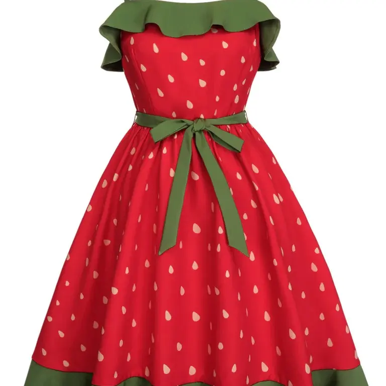 RETRO STAGE Women's Plus Size Sleeveless Strawberry Casual Dress - Bohemian Vintage Aesthetic Summer Casual Comfy Chic Wear, Curvy Women's Clothes with Bow Detail, Ruffled Trim, Back Zipsummer dresses vacation outfits