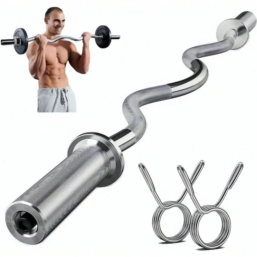 47" 1-Piece Alloy Steel Ergonomic Olympic EZ Curl Bar with Rotating Sleeves, Knurled Curved Grip, 370 Lbs Capacity for Resistance Training, Arm Strength Training & Better Results, One-Piece