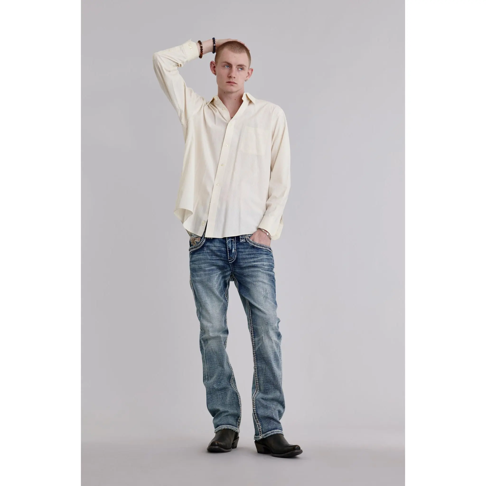 Rock Revival Men's Rimfire Bootcut Flare Jeans, High-Stretch Streetwear Denim with Tonal Stitching and Signature Embroidery, Custom, Clothes
