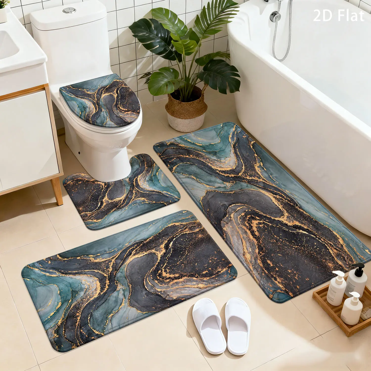 2/3/4pcs Bathroom Rugs Set, 2D Flat Blue Black Gradient Wave Bath Mats, Soft Absorbent Non-Slip Floor Rugs, Quick-Dry Bathroom Decor for Shower, Toilet, Laundry Room & Entryway,Washable Runner Rug,stair,Halloween