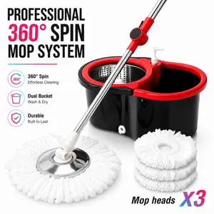360° Spin Mop and Bucket System with Wringer Set, Stainless Steel Basket & Adjustable Handle, Easy Wringing Floor Cleaning Mop Bucket with Soap Dispenser and 3 Extra Microfiber Heads for All Floor Types
