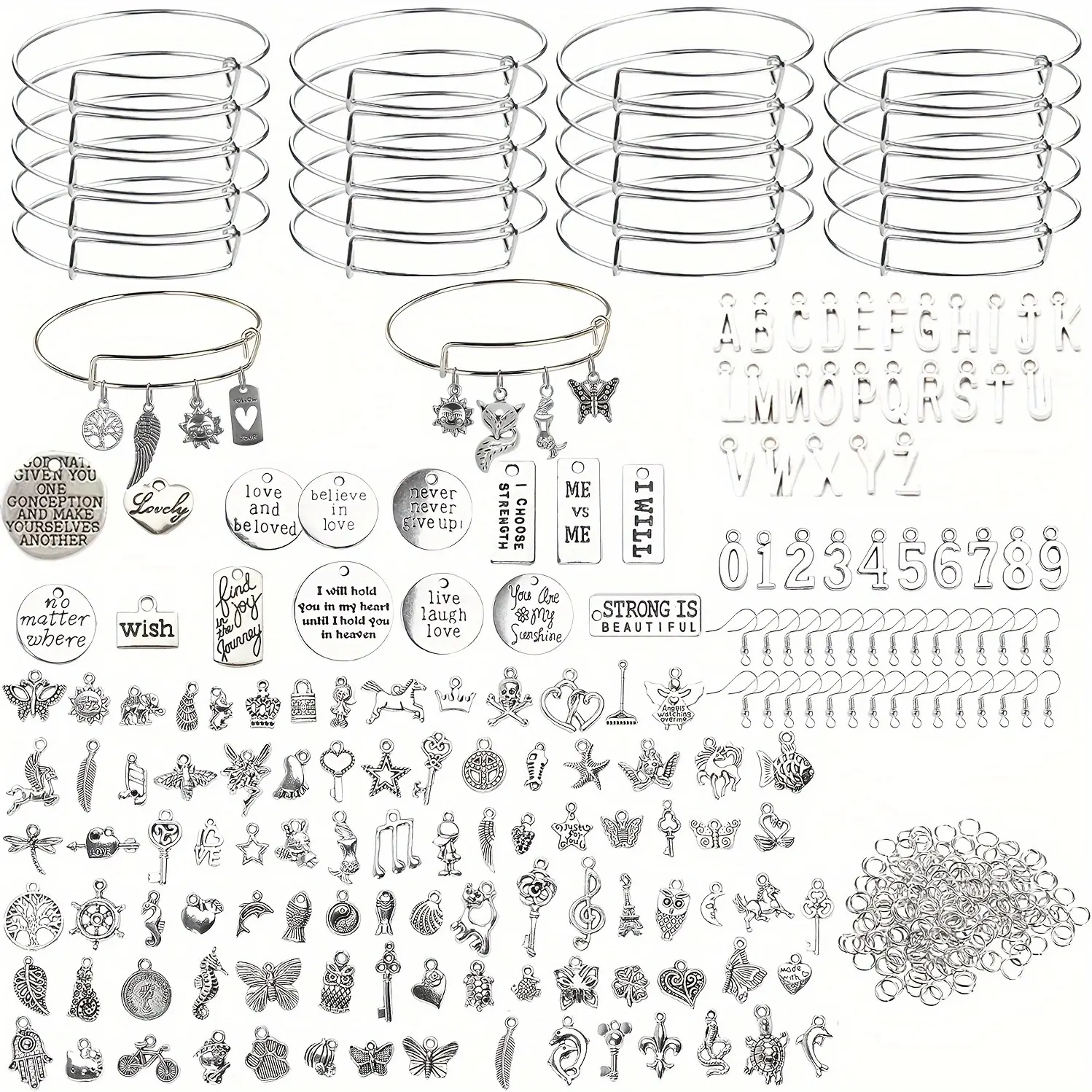 DIY Jewelry Beading Making Beginners Kit - 357-Piece Set with 20 Adjustable Beaded Design Blank Bracelets (65mm/2.6in), 107 Silvery Bangle Charms, 30 Earring Hooks, 200 Open Loops (6mm/0.2in), Craft Gift