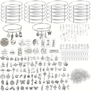 357 bracelet and earring making sets, 20 expandable blank bracelets, 107 silvery charm pendants, 30 earring hooks and 200 open loops, DIY craft jewelry gifts