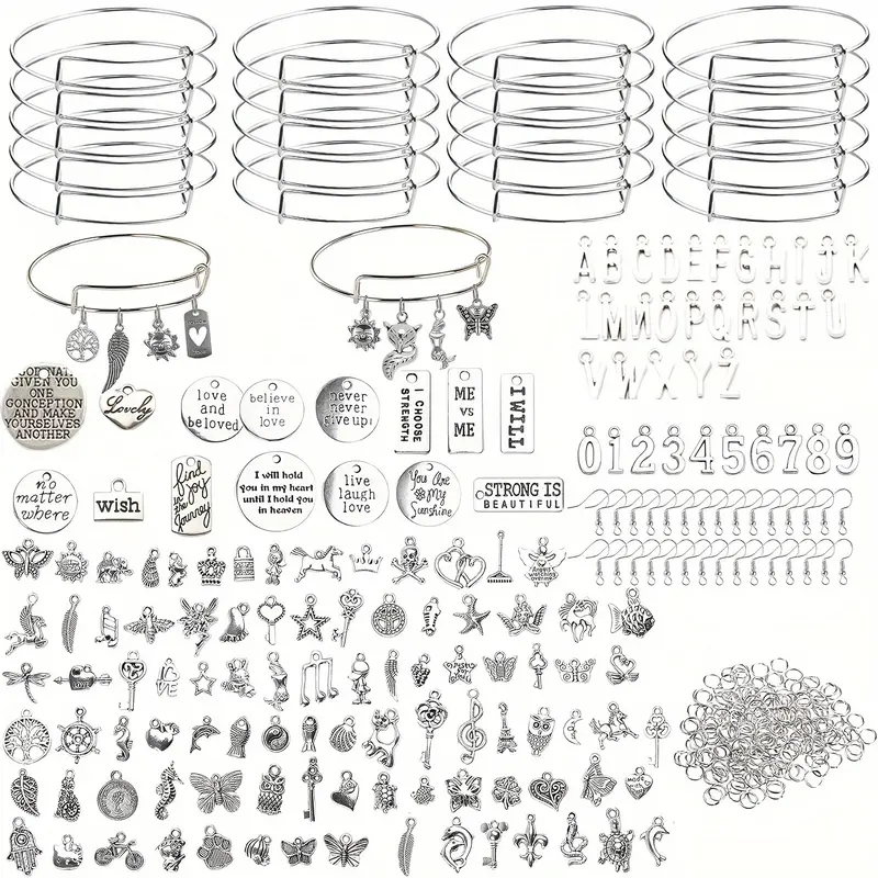Unisex Beginners DIY Beadable Jewelry Craft Kit - 357-Piece Set with 20 Expandable Bracelets (65mm/2.6in), 107 Silvery Bangle Charms, 30 Earring Hooks, 200 6mm/0.2in Jump Rings, Bead Mix, Metal Parts, Anklet, Holiday Gift