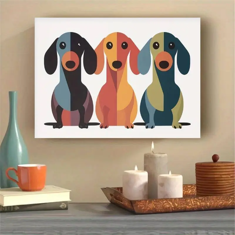 1pc Retro  -Friendly Mid-Century Dachshund Trio   Canvas   Print - Colorful Stylized Home  ation for Living Room, Kid Room - Ideal Gift for Dog Lovers, Wardrobe Accent Minimalist Wall Art