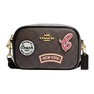 COACH Jamie 19 Classic Monogram Cartoon Zip Camera Bag for Women, Canvas and Leather, Crossbody Mini Shoulder Bag, Dark Brown