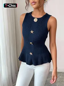 Women's Solid Color Round Neck Sleeveless Knit Vest Tops with Metallic Starfish Buttons, Slim Waist-Defining Fit and Ruffled Hem, Elegant, Stylish, Casual and Versatile for Spring and Summer