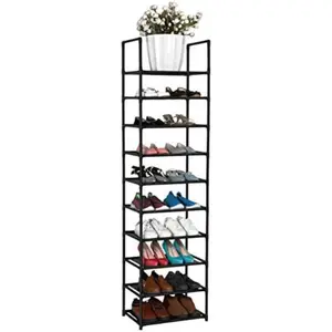 Vertical Shoe Rack 10 Tiers Narrow Rack for Closet DIY Tower Holds 20-25 Pairs Durable Stackable Shelf Space Saving Stand with 2 Hooks Metal Organizer, Black