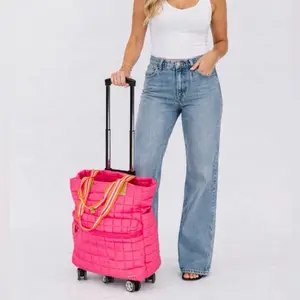 Pretty Simple The Tenley Quilted Tote Roller Bag - Hot Pink Quilted Design with Rolling Wheels for Easy Travel