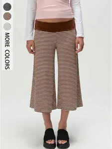 Women's Mid-Waist Elastic Striped Sporty Casual Pants, Turn-Up Hem Capri Yoga Pants, All-Season Loose-Fit, 3 Colors Available
