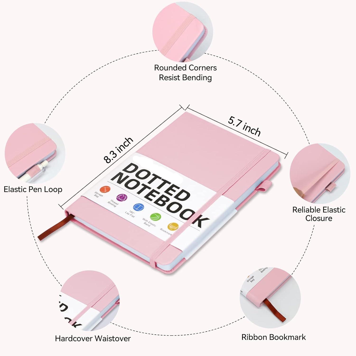 Dotted Journal Bullet Notebooks with Pen Loop, Hardcover Leather Notebook, 100Gsm Premium Thick Paper with Inner Pocket, Stickers, A5, 5.7 x 8.3 inches, Best Gift