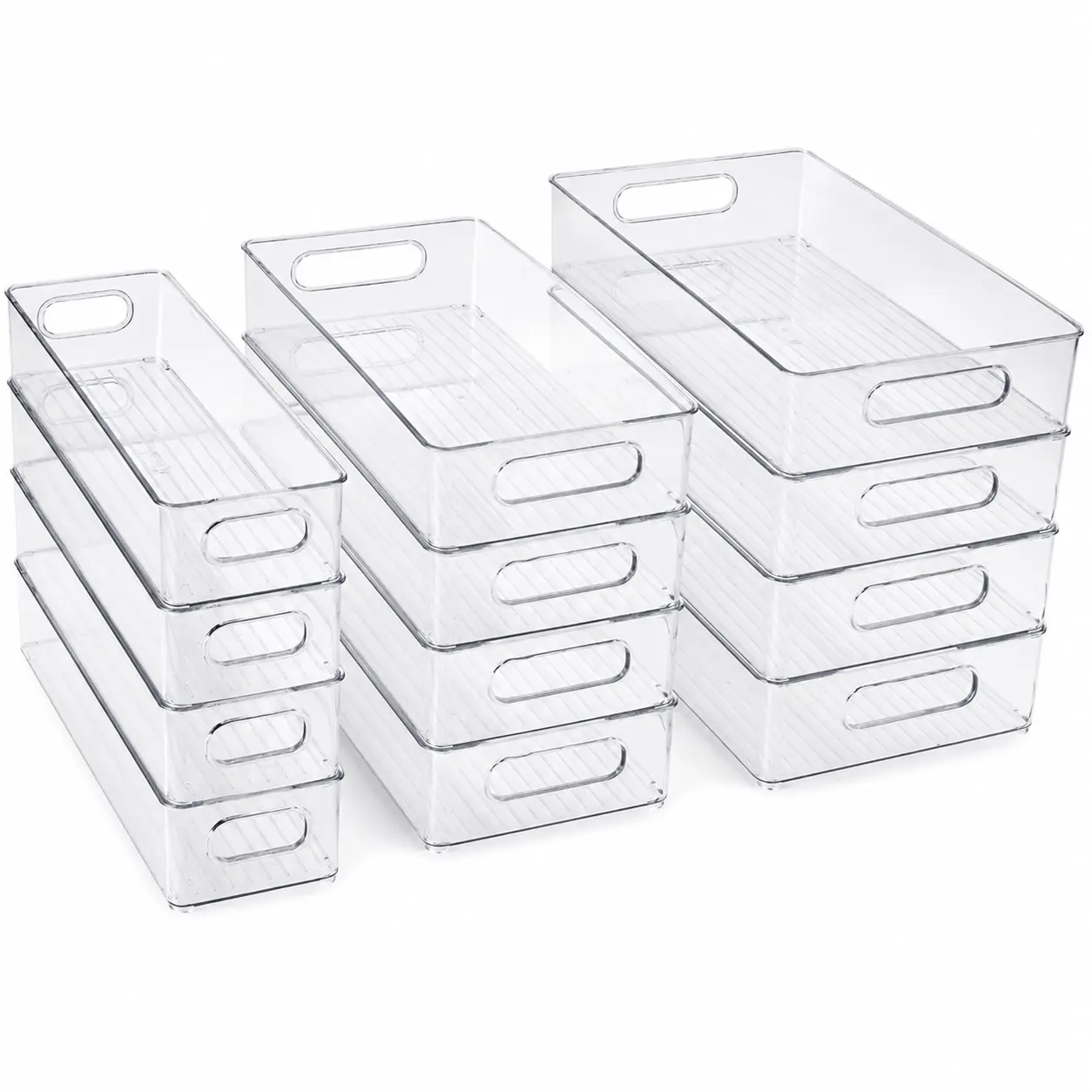 Multifunction Durable Portable Clear Stackable Refrigerator Organizer Bins - 3 Sizes, 3/6/9 Packs with Handles for Fridge, Freezer, Cabinet - Home Kitchen Open Storage Bins