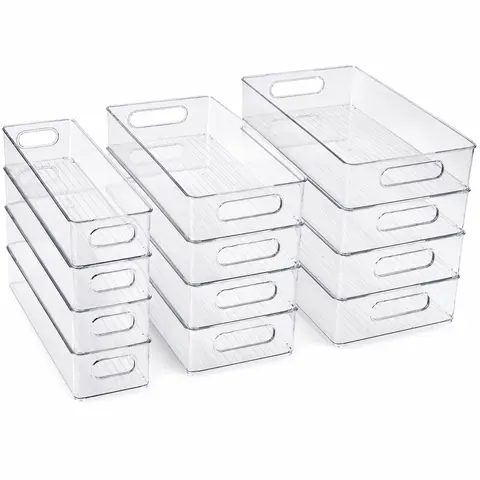 Multifunction Durable Portable Clear Stackable Refrigerator Organizer Bins - 3 Sizes, 3/6/9 Packs with Handles for Fridge, Freezer, Cabinet - Home Kitchen Open Storage Bins